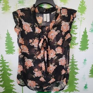 Midnight Sky Front Tie Sheer Floral Top.